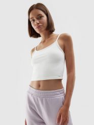 4F Crop-top slim gładki damski - biały XL. Białe topy damskie 4F, xl, bez wzorów, bez kołnierzyka, bez ramiączek. Za 79.99 zł.