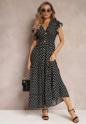 Czarna Rozkloszowana Sukienka Maxi w Kropki z Gumką w Talii Janey. Czarne sukienki damskie Renee, na co dzień, l, bez wzorów, bez kołnierzyka, bez ramiączek, maxi, rozkloszowane. Za 54.99 zł.