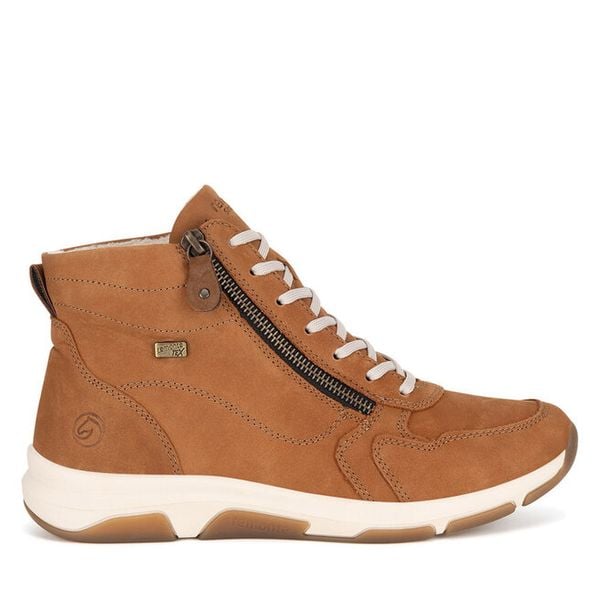 Trzewiki Remonte. Brązowe botki damskie Remonte, bez wzorów, bez obcasa, na płaskiej podeszwie, bez zapięcia. Za 383.99 zł.