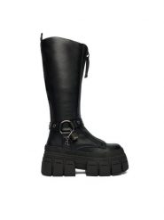 Buffalo Kozaki Gospher Biker Hi 1270131 Czarny. Czarne kozaki damskie Buffalo, bez wzorów, ze skóry, bez obcasa, na koturnie, bez zapięcia. Za 699.99 zł.