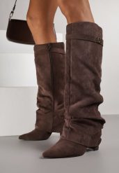 Brązowe Marszczone Kozaki na Słupkowym Obcasie z Wywiniętą Cholewką Runella. Brązowe kozaki damskie Renee, bez wzorów, z jeansu, bez obcasa, na obcasie, bez zapięcia. Za 179.99 zł.