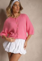 Fuksjowy Kardigan z Rękawem 3/4 z Dodatkiem Wełny Iffarisse. Czerwone kardigany damskie Renee, bez wzorów, z jeansu, eleganckie, bez kołnierzyka. Za 139.99 zł.