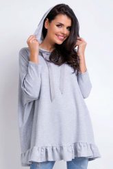 Szara Oversizowa Bluza z Kapturem Wykończona Falbanką. Szare bluzy damskie Lou-Lou, l, bez wzorów, z bawełny, bez ramiączek, z kapturem. Za 129.90 zł.