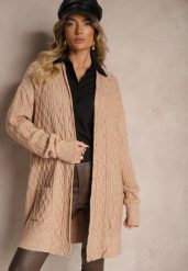 Ciemnobeżowy Kardigan Nierozpinany o Długim Kroju Ozdobiony Tłoczeniem Vailithe. Brązowe kardigany damskie Renee, s, z aplikacjami, z jeansu, eleganckie, bez kołnierzyka. Za 139.99 zł.