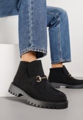 Czarne Botki w Stylu Loafersów Zdobione Metaliczną Aplikacją Aqianey. Czarne botki damskie Renee, z aplikacjami, z jeansu, klasyczne, bez obcasa, na płaskiej podeszwie, bez zapięcia. Za 129.99 zł.