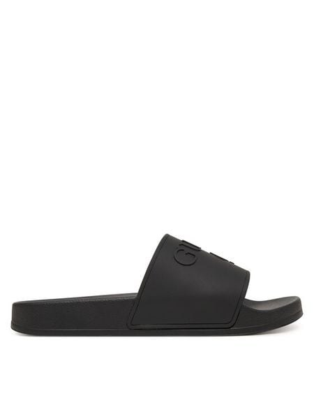 Guess Klapki E6GZ17 BB00F Czarny. Czarne klapki damskie Guess, z aplikacjami, z syntetyku, bez obcasa, bez zapięcia. Za 111.99 zł.