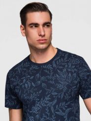 Męski t-shirt bawełniany z nadrukiem z motywem roślinnym - granatowa V4 - Rozmiar: XXL. Niebieskie t-shirty męskie Ombre Clothing, m, bez wzorów, z bawełny, bez kołnierzyka, bez ramiączek. Za 149.99 zł.