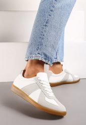 Szaro-Białe Sneakersy Tenisówki z Ozdobnymi Przeszyciami Sumina. Białe trampki i tenisówki damskie Renee, bez wzorów, z materiału, bez zapięcia. Za 69.99 zł.