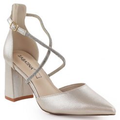 Sandały damskie na słupku z cyrkoniami złote Sabatina 750-1. Żółte sandały damskie Sabatina, bez wzorów, z materiału, bez obcasa, na słupku, bez zapięcia. Za 169.99 zł.