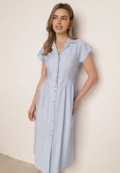 Jasnoniebieska Koszulowa Sukienka z Wiskozą o Rozkloszowanym Kroju z Wiązaniem Pellesea. Niebieskie sukienki damskie Born2be, na co dzień, na lato, l, bez wzorów, ze lnu, eleganckie, bez kołnierzyka, bez ramiączek, maxi, koszulowe. Za 169.99 zł.
