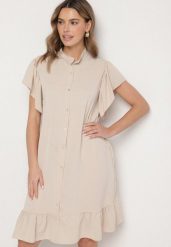 Beżowa Sukienka Koszulowa z Guzikami i Falbankami Tenalena. Brązowe sukienki damskie Born2be, na co dzień, bez wzorów, eleganckie, bez kołnierzyka, bez ramiączek, midi, koszulowe. Za 64.99 zł.