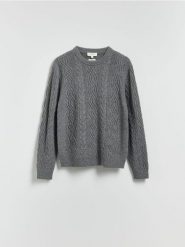 Wełniany sweter z warkoczowym splotem - ciemnoszary. Szare swetry męskie Reserved, l, bez wzorów, z dzianiny, bez kołnierzyka, bez ramiączek. Za 239.99 zł.