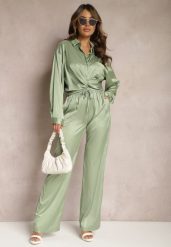 Zielona Satynowa Koszula na Guziki Ozdobiona Paskami z Metalicznej Nici Jovenna. Zielone koszule damskie Renee, m, bez wzorów, z jeansu, eleganckie, bez kołnierzyka, bez ramiączek. Za 119.99 zł.