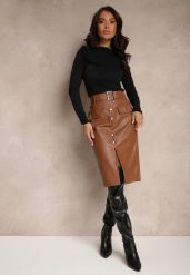 Brązowa Spódnica Ołówkowa High Waist z Imitacji Skóry Ozdobiona Paskiem Norinka. Brązowe spódnice damskie Renee, do pracy, l, z aplikacjami, ze skóry, biznesowe, z podwyższonym stanem, midi, ołówkowe. Za 99.99 zł.