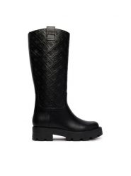 Guess Kozaki FLFLYI ELE11 Czarny. Czarne kozaki damskie Guess, z aplikacjami, ze skóry, bez obcasa, na płaskiej podeszwie, bez zapięcia. Za 824.99 zł.