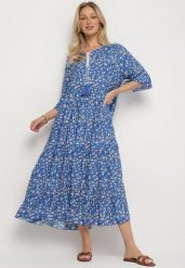 Niebieska Bawełniana Sukienka Rozkloszowana w Drobne Kwiatki z Chwostem Orrilva. Niebieskie sukienki damskie Born2be, na co dzień, na wiosnę, l, bez wzorów, z bawełny, eleganckie, bez kołnierzyka, bez ramiączek, maxi, rozkloszowane. Za 54.99 zł.
