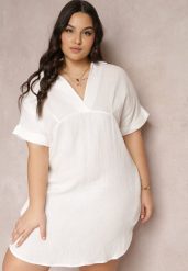 Biała Bawełniana Sukienka Mini o Pudełkowym Fasonie z Kołnierzykiem Elealla. Białe sukienki damskie Renee, plus size, bez wzorów, z bawełny, bez kołnierzyka, plus size, bez ramiączek, mini. Za 69.99 zł.