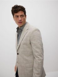 Marynarka slim fit w kratę - beżowy. Brązowe garnitury męskie Reserved, l, bez wzorów, z elastanu, bez kołnierzyka, bez ramiączek. Za 359.99 zł.