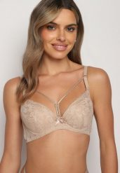 Ciemnobeżowy Biustonosz Koronkowy Typu Full Cup Nasna. Brązowe biustonosze Born2be, bez wzorów, z jeansu. Za 34.99 zł.