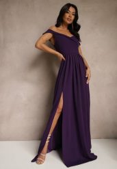 Fioletowa Elegancka Długa Sukienka Hiszpanka Wykończona Rozcięciem na Dole Idelia. Fioletowe sukienki damskie Renee, na lato, l, bez wzorów, z materiału, eleganckie, bez kołnierzyka, bez ramiączek, maxi. Za 149.99 zł.