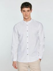 Lniana koszula męska ze stójką biała Janeiso 101. Białe koszule męskie BIG STAR, l, bez wzorów, z bawełny, eleganckie, bez kołnierzyka, bez ramiączek. Za 249.99 zł.