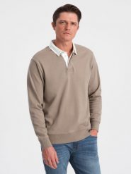 Bluza męska z białym kołnierzykiem polo - ciemnobeżowa V2 OM-SSNZ-0132 - L. Brązowe bluzy męskie Ombre Clothing, l, bez wzorów, z bawełny, bez ramiączek, bez kaptura. W wyprzedaży za 79.99 zł.