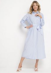 Niebieska Koszulowa Sukienka w Paski z Wiązaniem w Talii Lasali. Niebieskie sukienki damskie Born2be, na co dzień, l, bez wzorów, eleganckie, bez kołnierzyka, bez ramiączek, dopasowane. Za 139.99 zł.