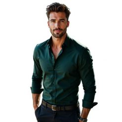 Ciemnozielona gładka koszula A69. Koszule męskie Modini Moda Męska, m, bez wzorów, z bawełny, casualowe, bez kołnierzyka, bez ramiączek. W wyprzedaży za 179.10 zł.