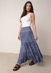 Niebieska Spódnica z Bawełny z Wysokim Stanem Stylizowana na Jeansową Ealread. Niebieskie spódnice damskie Born2be, do pracy, m, bez wzorów, z bawełny, biznesowe, z podwyższonym stanem, maxi, dopasowane. Za 99.99 zł.