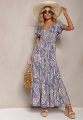Granatowo-Beżowa Rozkloszowana Sukienka Maxi na Guziki Ozdobiona Etnicznym Wzorem Kleriala. Niebieskie sukienki damskie Renee, na imprezę, na lato, m, bez wzorów, boho, bez kołnierzyka, bez ramiączek, maxi, rozkloszowane. Za 39.99 zł.