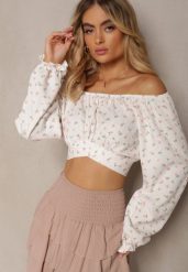 Biało-Różowa Bluzka w Kwiatowy Print z Wiązaniem pod Biustem Dequoia. Białe bluzki damskie Renee, bez wzorów, bez kołnierzyka, bez ramiączek. Za 49.99 zł.