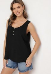 Czarny Top na Szerokich Ramiączkach Zdobiony Guzikami Jenadorea. Czarne topy damskie Born2be, l, z aplikacjami, z jeansu, bez kołnierzyka, bez ramiączek. Za 34.99 zł.