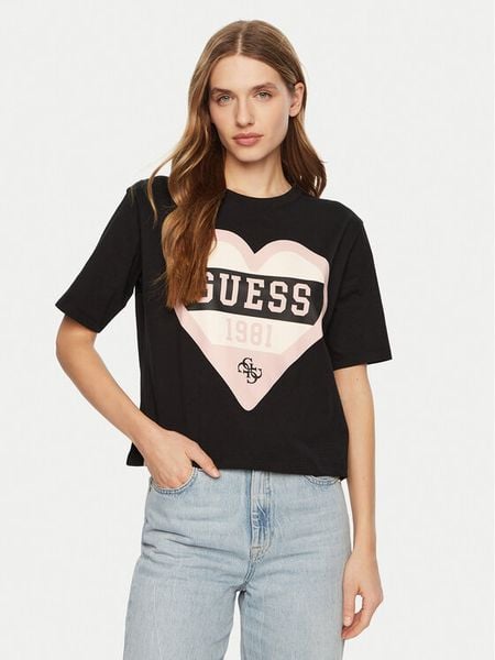 Guess T-Shirt V5RI01 I3Z14 Czarny Regular Fit. Czarne t-shirty damskie Guess, xxs, z aplikacjami, z bawełny, bez kołnierzyka, bez ramiączek. Za 79.99 zł.