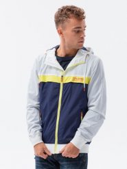 Kurtka męska wiatrówka z kapturem - granatowa V1. Niebieskie kurtki męskie Ombre Clothing, m, bez wzorów, z kapturem. W wyprzedaży za 49.99 zł.