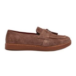 Męskie Zamszowe Loafersy Półbuty Zazoo 1566 Brązowe. Brązowe półbuty męskie bez wzorów, ze skóry, bez obcasa, bez zapięcia. Za 461.16 zł.