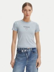Guess Jeans T-Shirt W6GIA6 KCTL1 Niebieski Slim Fit. Niebieskie t-shirty damskie Guess Jeans, s, z aplikacjami, z bawełny, bez kołnierzyka, bez ramiączek. Za 159.99 zł.