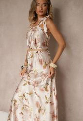 Beżowa Sukienka z Satyny w Kwiatowy Wzór Fenimea. Brązowe sukienki damskie Renee, na imprezę, na lato, s, bez wzorów, z satyny, eleganckie, bez kołnierzyka, bez ramiączek, maxi. Za 129.99 zł.