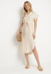 Beżowa Wiskozowa Rozkloszowana Sukienka Koszulowa z Materiałowym Paskiem Katessae. Brązowe sukienki damskie Born2be, na co dzień, na lato, l, bez wzorów, z materiału, eleganckie, bez kołnierzyka, bez ramiączek, midi, koszulowe. Za 109.99 zł.