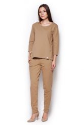 Beżowa Komfortowa Bluza z Rękawem 3/4 ze Złotymi Suwakami. Brązowe bluzy damskie Figl, l, bez wzorów, z bawełny, bez ramiączek, bez kaptura. Za 189.00 zł.