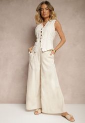 Beżowe Bawełniane Spodnie o Szerokim Kroju High Waist Ściągane Troczkiem Virselia. Brązowe spodnie dresowe damskie Renee, bez wzorów, z bawełny, eleganckie, z podwyższonym stanem. Za 69.99 zł.