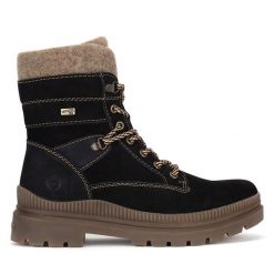 Trzewiki Remonte. Czarne botki damskie Remonte, bez wzorów, bez obcasa, na płaskiej podeszwie, bez zapięcia. Za 399.00 zł.