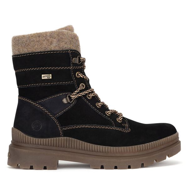 Trzewiki Remonte. Czarne botki damskie Remonte, bez wzorów, bez obcasa, na płaskiej podeszwie, bez zapięcia. Za 399.00 zł.