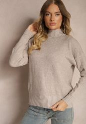 Beżowy Golf Sweter z Tłoczeniem i Ściągaczami Melovira. Brązowe swetry nierozpinane damskie Renee, na zimę, bez wzorów, bez kołnierzyka, bez ramiączek. Za 99.99 zł.