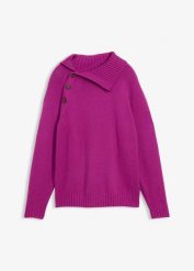 Sweter w asymetrycznym fasonie. Fioletowe swetry nierozpinane damskie bonprix, bez wzorów, prążkowane, z asymetrycznym kołnierzem, bez ramiączek. Za 112.99 zł.