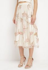 Jasnobeżowa Spódnica z Gumką w Pasie Ozdobiona Cekinami Fiomella. Brązowe spódnice damskie Born2be, na co dzień, l, z aplikacjami, eleganckie, midi, proste. Za 69.99 zł.