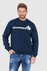 DSQUARED2 Niebieska bluza męska z białym logo z liściem. Niebieskie bluzy męskie Dsquared2, l, bez wzorów, bez ramiączek, bez kaptura. W wyprzedaży za 899.99 zł.