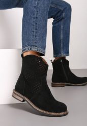 Czarne Botki z Ażurową Cholewką i Skórzaną Wkładką Tinalei. Czarne botki damskie Born2be, w ażurowe wzory, z jeansu, eleganckie, bez obcasa, na płaskiej podeszwie, bez zapięcia. Za 159.99 zł.