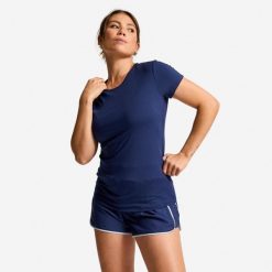 Koszulka fitness damska Domyos krótki rękaw. Niebieskie koszulki sportowe damskie DOMYOS, l, bez wzorów, z elastanu, bez ramiączek, na fitness i siłownię. Za 34.99 zł.