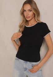 Czarny T-shirt z Bawełny z Ozdobną Lamówką Elanicea. Czarne t-shirty damskie Renee, s, bez wzorów, z bawełny, sportowe, bez kołnierzyka, bez ramiączek. Za 39.99 zł.