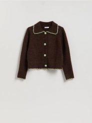 Kardigan z kołnierzykiem - brązowy. Brązowe kardigany damskie Reserved, l, bez wzorów, z dzianiny, bez kołnierzyka. Za 129.99 zł.